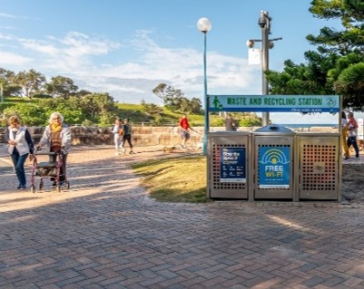 outdoor scene with garbage bins