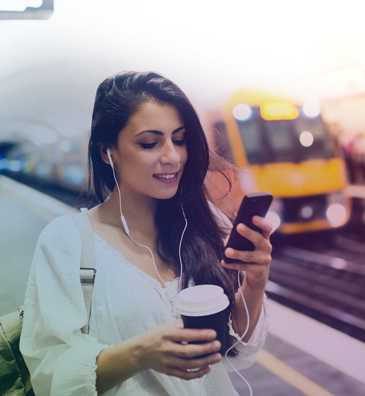 Woman with phone transport home page
