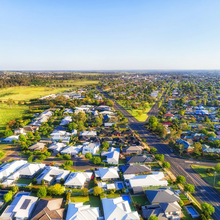 Dubbo town streets and residential suburbs in aerial view